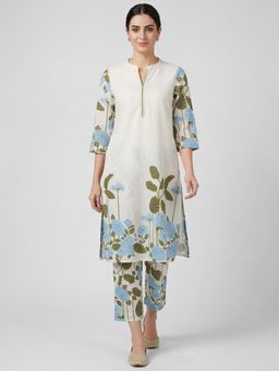 R&B - Off White Floral Printed Women Pure Cotton Kurta & Pant
