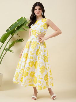 Aritri - Women Yellow Floral Printed Flare Midi Dress