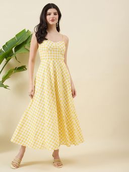 Aritri - Women Checks Cotton Flare Midi Dress - Yellow