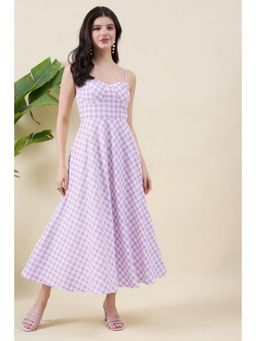 Aritri - Women Checks Cotton Flare Midi Dress - Purple