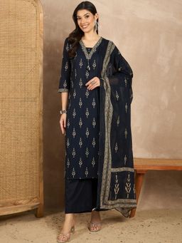 CHETI - Women Pure Cotton Printed Straight Kurta With Pant & Dupatta - Blue