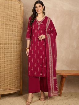 CHETI - Women Pure Cotton Printed Straight Kurta With Pant & Dupatta - Red