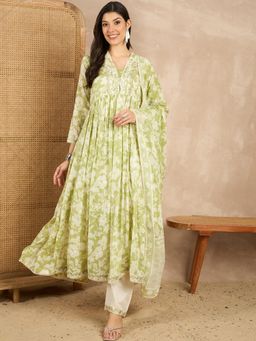 CHETI - Women Pure Cotton Printed Straight Kurta With Pant & Dupatta - Green