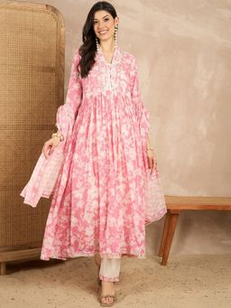 CHETI - Women Pure Cotton Printed Straight Kurta With Pant & Dupatta - Pink