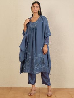 CHETI - Women Pure Cotton Printed Straight Kurta With Pant & Dupatta - Blue