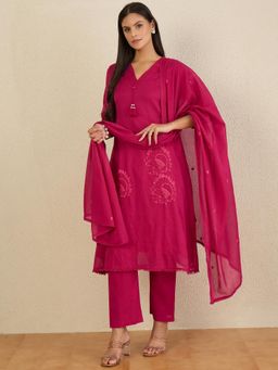 CHETI - Women Pure Cotton Voile Kurta With Pant & Dupatta - Pink