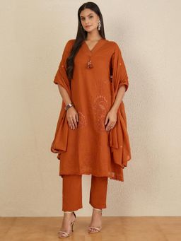 CHETI - Women Pure Cotton Voile Kurta With Pant & Dupatta - Rust