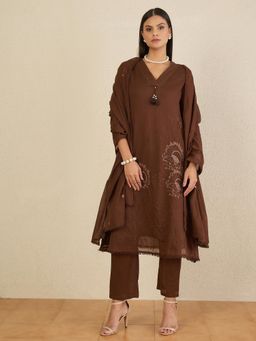 CHETI - Women Pure Cotton Voile Kurta With Pant & Dupatta - Brown