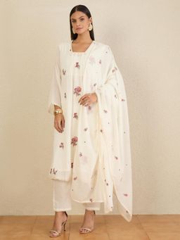 CHETI - Women Pure Cotton Voile Kurta With Pant & Dupatta - White