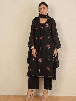 CHETI - Women Pure Cotton Voile Kurta With Pant & Dupatta - Black