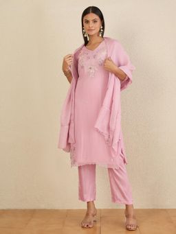 CHETI - Women Pure Organza Straight Kurta With Pant & Dupatta - Pink