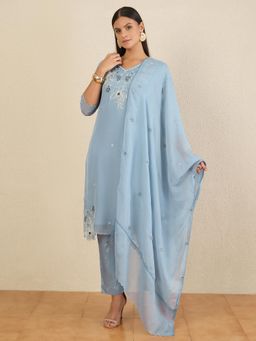 CHETI - Women Pure Organza Straight Kurta With Pant & Dupatta -Blue