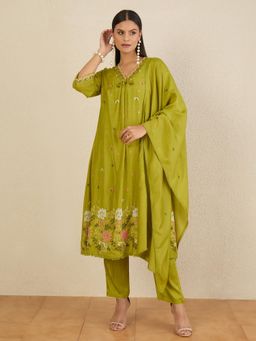 CHETI - Women Pure Bamboo Silk Kurta With Pant & Dupatta - Green