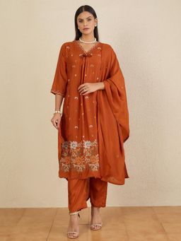 CHETI - Women Pure Bamboo Silk Kurta With Pant & Dupatta - Rust