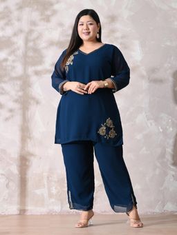 Desi Noor - Teal Embellished Floral Georgette Co-Ord Set