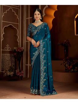 RAAG VARNAM - Teal Satin Silk Heavy Jari Embroidery Saree With Unstitched Blouse