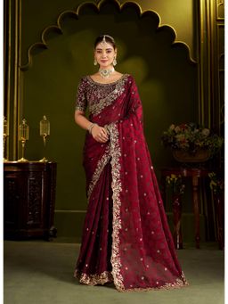 RAAG VARNAM - Maroon Box Satin Silk Saree With Unstitched Blouse