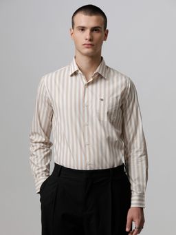 The Bear House - Men Beige Striped Slim Fit Cotton Formal Shirt