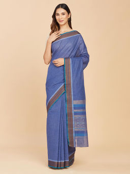 Fabindia - Navy Cotton Hand Block Printed Saree Without Blouse