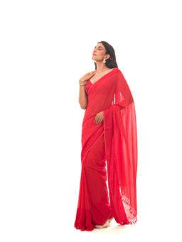 Sacred Weaves - Red Plain Saree with Unstitched Blouse