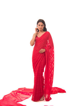 Sacred Weaves - Red Saree with Unstitched Blouse