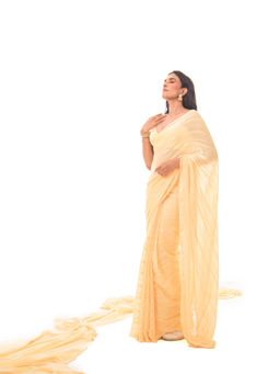 Sacred Weaves - Yellow Satin Saree with Unstitched Blouse