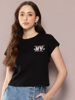 DILLINGER - Women Black Regular Cropped Pocket Embroidery T-Shirt