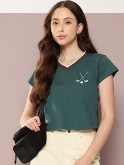 DILLINGER - Women Green Regular Cropped Pocket Embroidery T-Shirt
