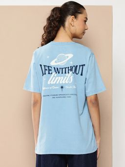 Difference of Opinion - Women Blue Acid Washed Oversized Printed T-Shirt