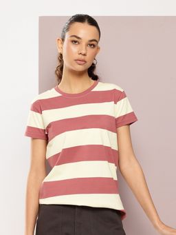 DILLINGER - Women Mauve Regular Fit Bold Stripes T-Shirt
