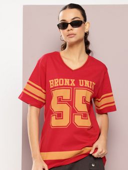 DILLINGER - Women Red Oversized Short Sleeve Printed V-Neck T-Shirt