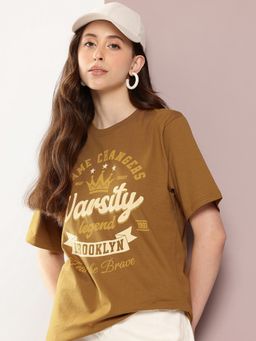 DILLINGER - Women Brown Oversized Short Sleeve Printed T-Shirt