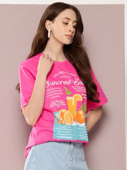 DILLINGER - Women Pink Oversized Short Sleeve Graphic Printed T-Shirt