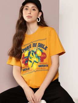 DILLINGER - Women Yellow Oversized Short Sleeve Graphic Printed T-Shirt