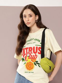 DILLINGER - Women Cream Oversized Short Sleeve Graphic Printed T-Shirt