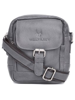 WILDHORN - Classic Genuine Leather Grey Solid Sling Bag for Men