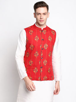 Devoiler - Men Red Printed Pure Cotton Woven Nehru Jacket