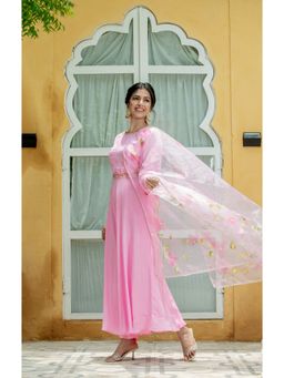 Kohsh - Pink Suit With Belt And Hand Painted Dupatta (Set of 4)