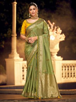 Odette - Green Viscose Floral Designer Saree with Unstitched Blouse