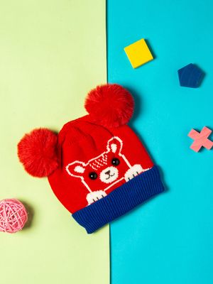 Babyhug Knit Woollen Cap - Blue Red & White main image 0