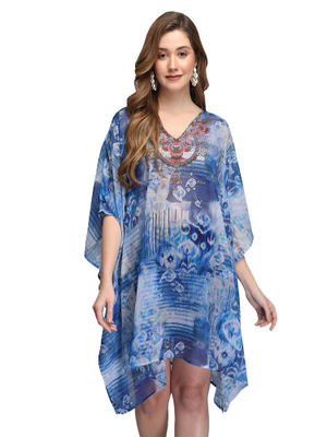 Aditi Wasan V-Neck Cotton Pink-Blue Midi Kaftan Kurti