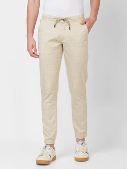Giordano - Beige Slim Fit Solid Mid Waist Cotton Joggers