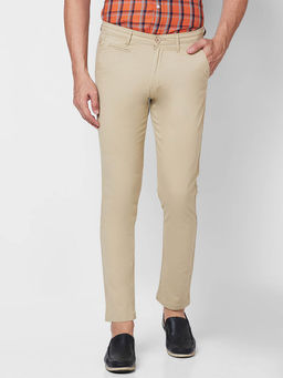 Giordano - Beige Slim Fit Solid Mid Waist Cotton Chinos