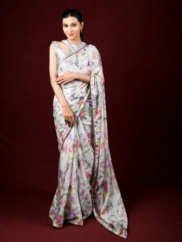 EXCLUSIVA - Multicolor Brasso Digital Print Designer Saree with Unstitched Blouse