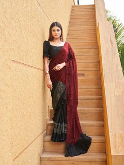 Tikhi Imli - Maroon and Black Colored Half and Half Saree with Unstitched Blouse