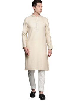 Manyavar - Beige Blended Viscose Solid Kurta Pencil Pyjama Set (Set of 2)