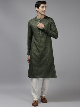 See Designs - Men Green & Beige Woven Design Thread Work Kurta with Pyjama (Set of 2)