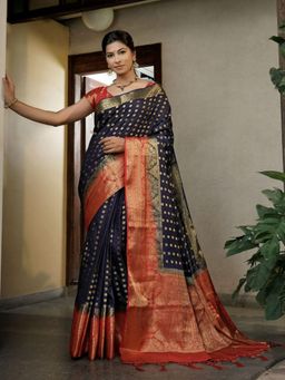 Odette - Navy Blue Color Traditional Wear Silk Saree with Unstitched Blouse