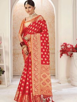 Odette - Red Silk Weaved Designer Saree with Unstitched Blouse
