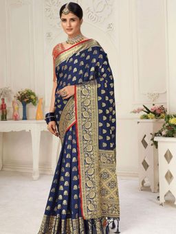 Odette - Navy Blue Silk Weave Designer Saree with Unstitched Blouse